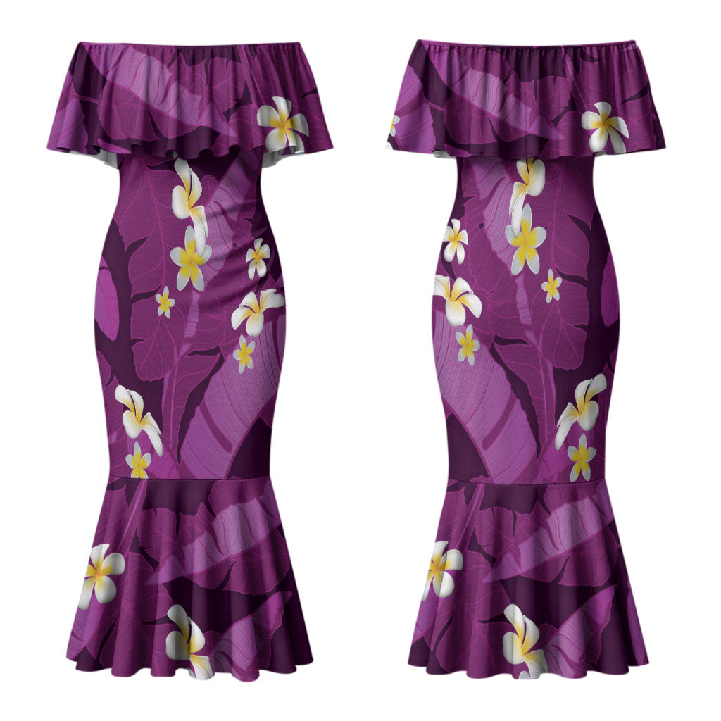 Purple Banana Leaf Hawaii Family Matching Mermaid Dress and Hawaiian Shirt Lau Maia Plumeria Tropical Summer Vibes LT14 Mom's Dress Purple - Polynesian Pride