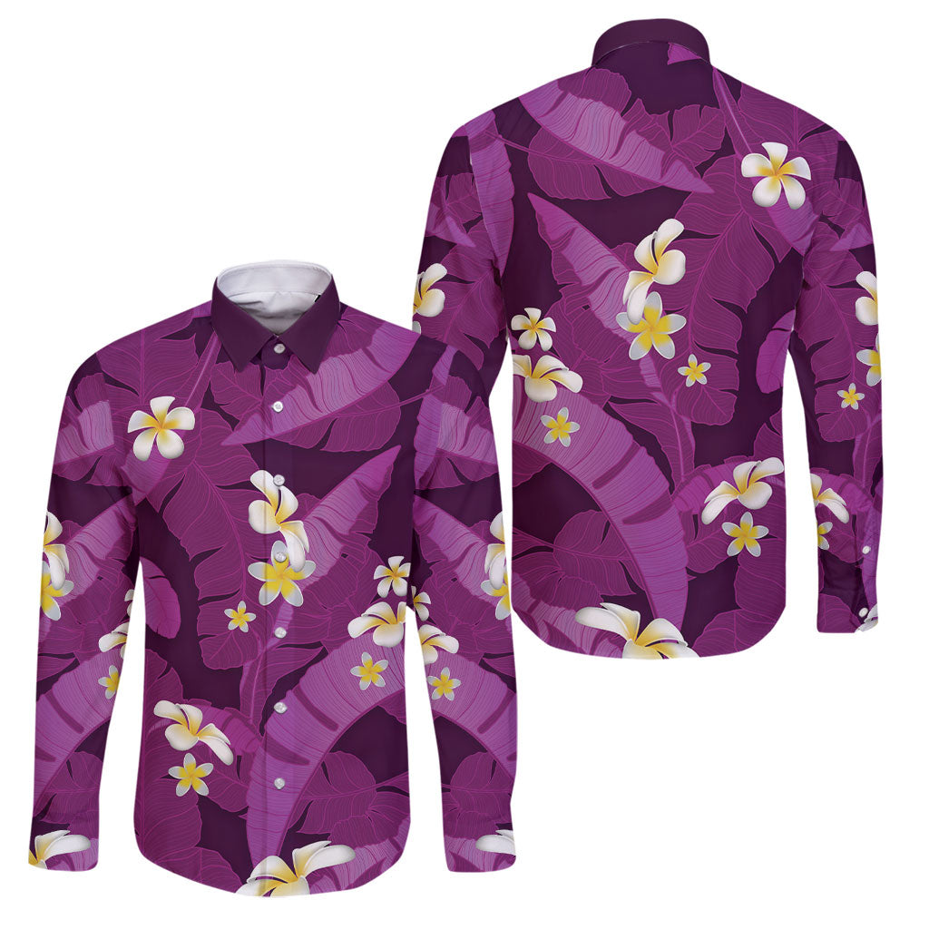 Purple Banana Leaf Hawaii Family Matching Mermaid Dress and Hawaiian Shirt Lau Maia Plumeria Tropical Summer Vibes LT14 Dad's Shirt - Long Sleeve Purple - Polynesian Pride