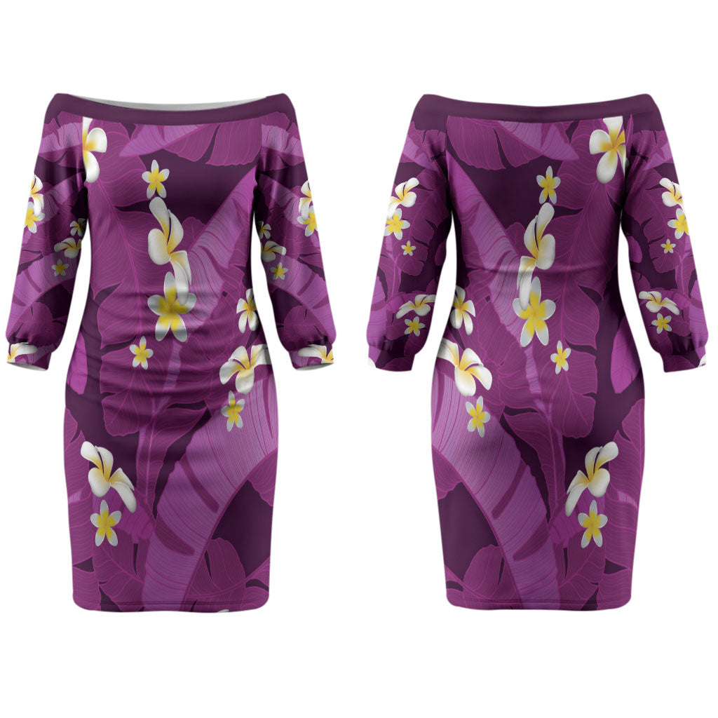 Purple Banana Leaf Hawaii Family Matching Off The Shoulder Long Sleeve Dress and Hawaiian Shirt Lau Maia Plumeria Tropical Summer Vibes LT14 Mom's Dress Purple - Polynesian Pride