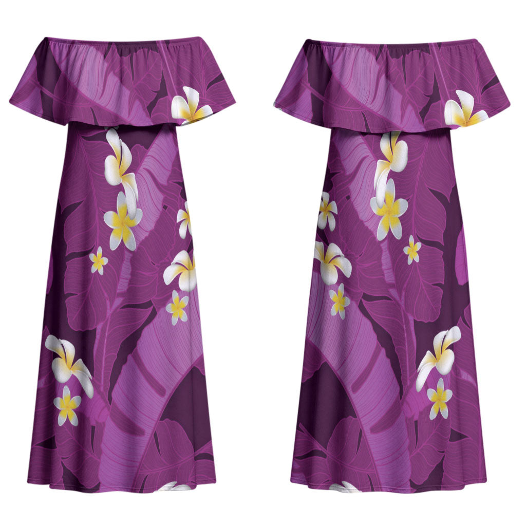 Purple Banana Leaf Hawaii Family Matching Off Shoulder Maxi Dress and Hawaiian Shirt Lau Maia Plumeria Tropical Summer Vibes LT14 Mom's Dress Purple - Polynesian Pride