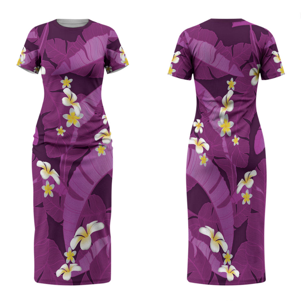 Purple Banana Leaf Hawaii Family Matching Short Sleeve Bodycon Dress and Hawaiian Shirt Lau Maia Plumeria Tropical Summer Vibes LT14 Mom's Dress Purple - Polynesian Pride