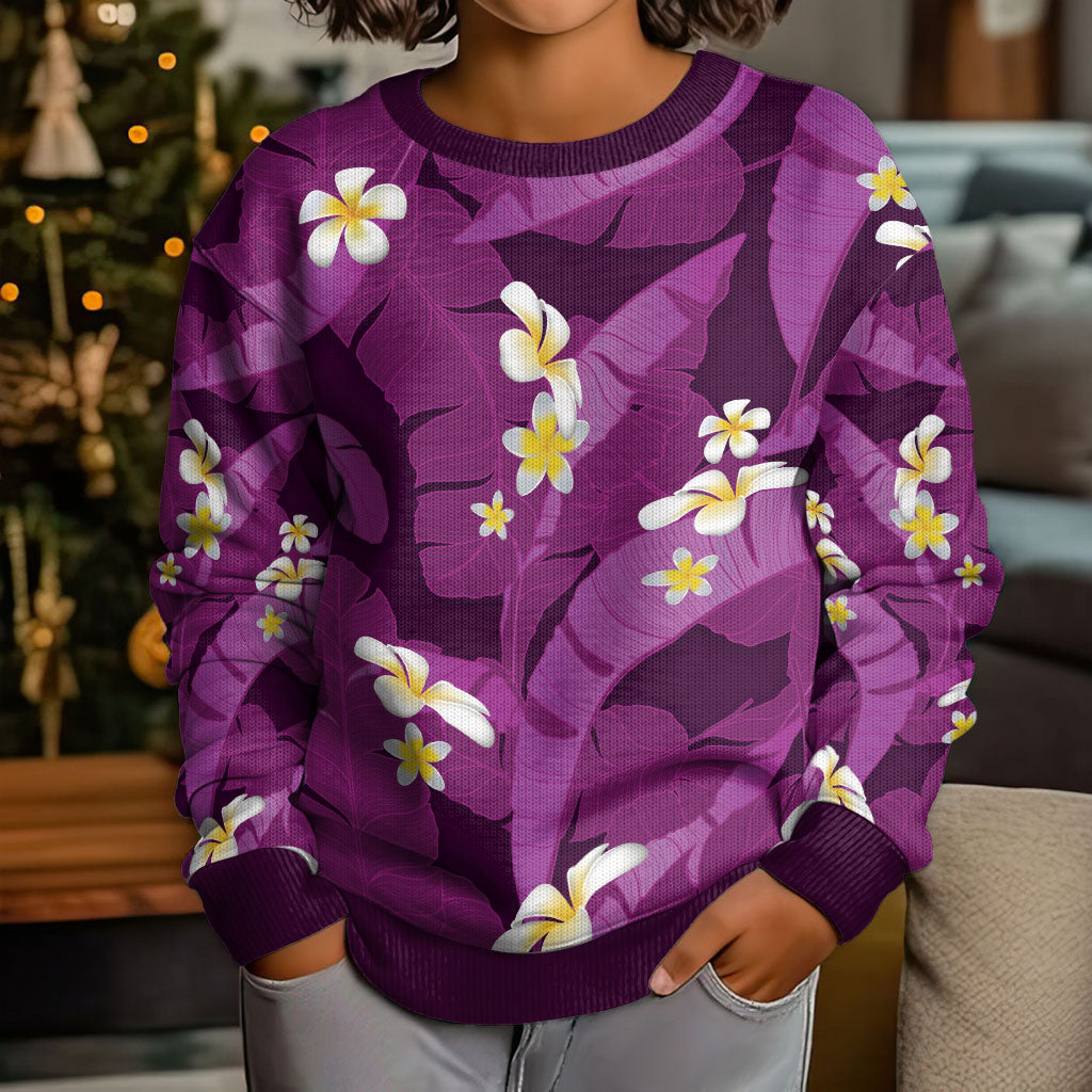 Purple Banana Leaf Hawaii Kid Ugly Christmas Sweater Lau Maia Plumeria Tropical Summer Vibes