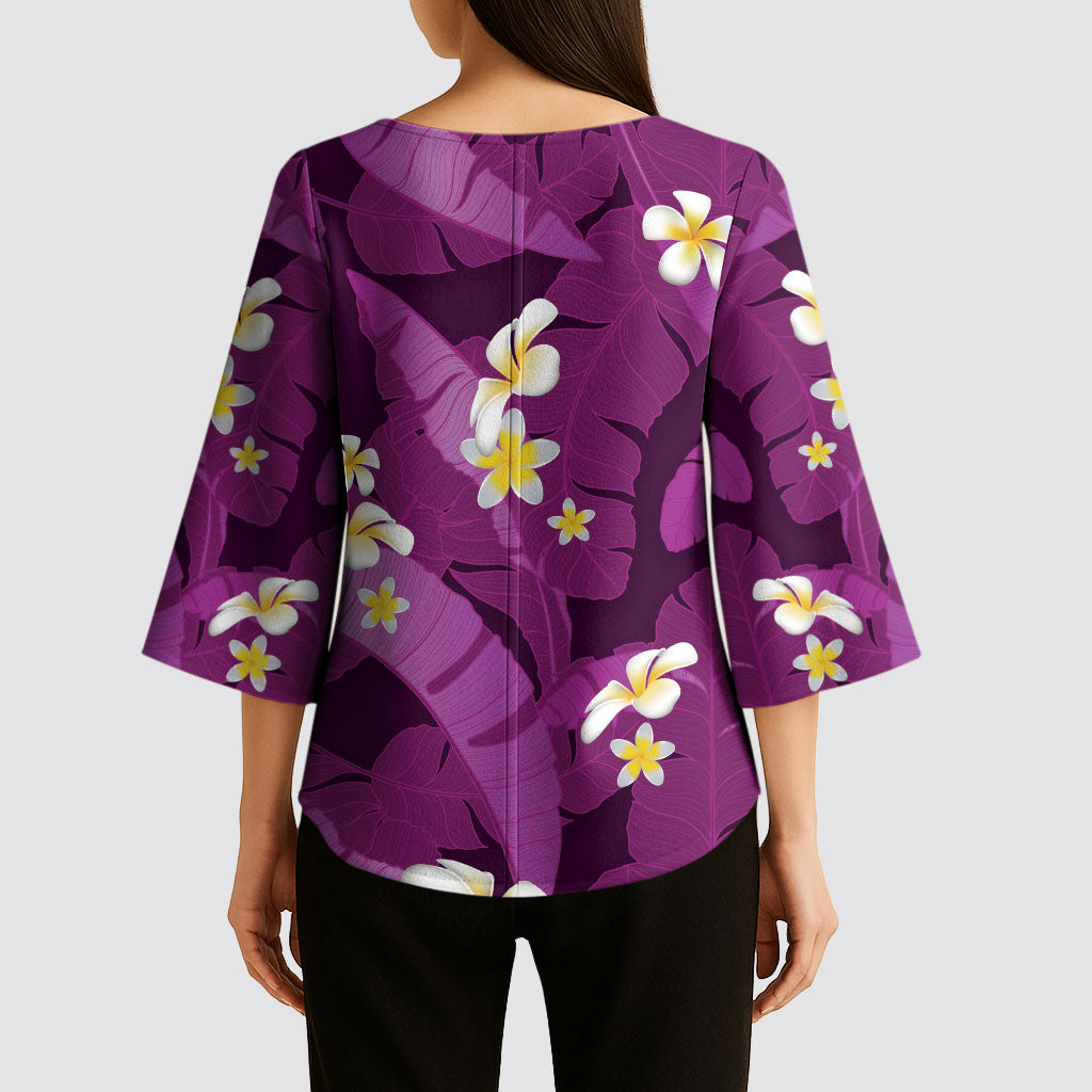 Purple Banana Leaf Hawaii Kimono Sleeve Blouse Lau Maia Plumeria Tropical Summer Vibes LT14 - Polynesian Pride