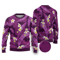 Purple Banana Leaf Hawaii Ugly Christmas Sweater Lau Maia Plumeria Tropical Summer Vibes
