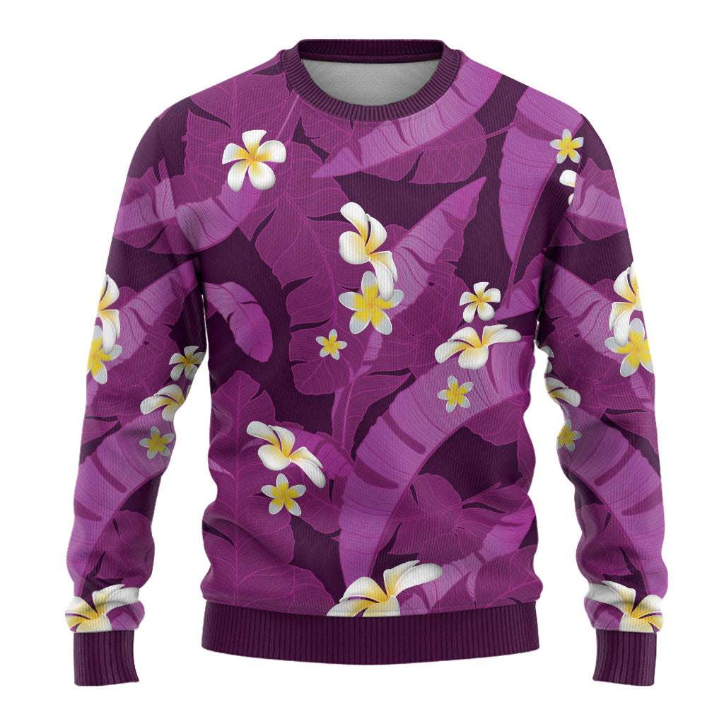 Purple Banana Leaf Hawaii Ugly Christmas Sweater Lau Maia Plumeria Tropical Summer Vibes