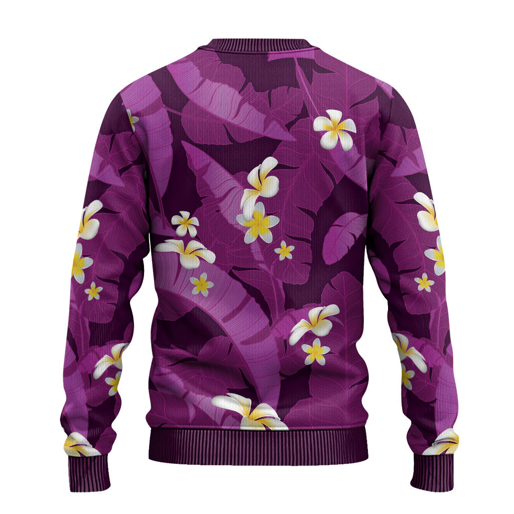 Purple Banana Leaf Hawaii Ugly Christmas Sweater Lau Maia Plumeria Tropical Summer Vibes