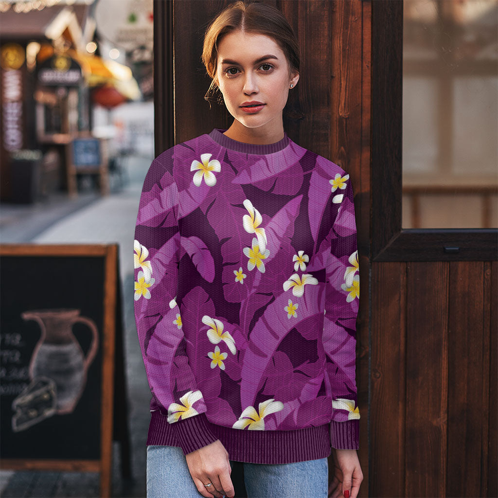 Purple Banana Leaf Hawaii Ugly Christmas Sweater Lau Maia Plumeria Tropical Summer Vibes