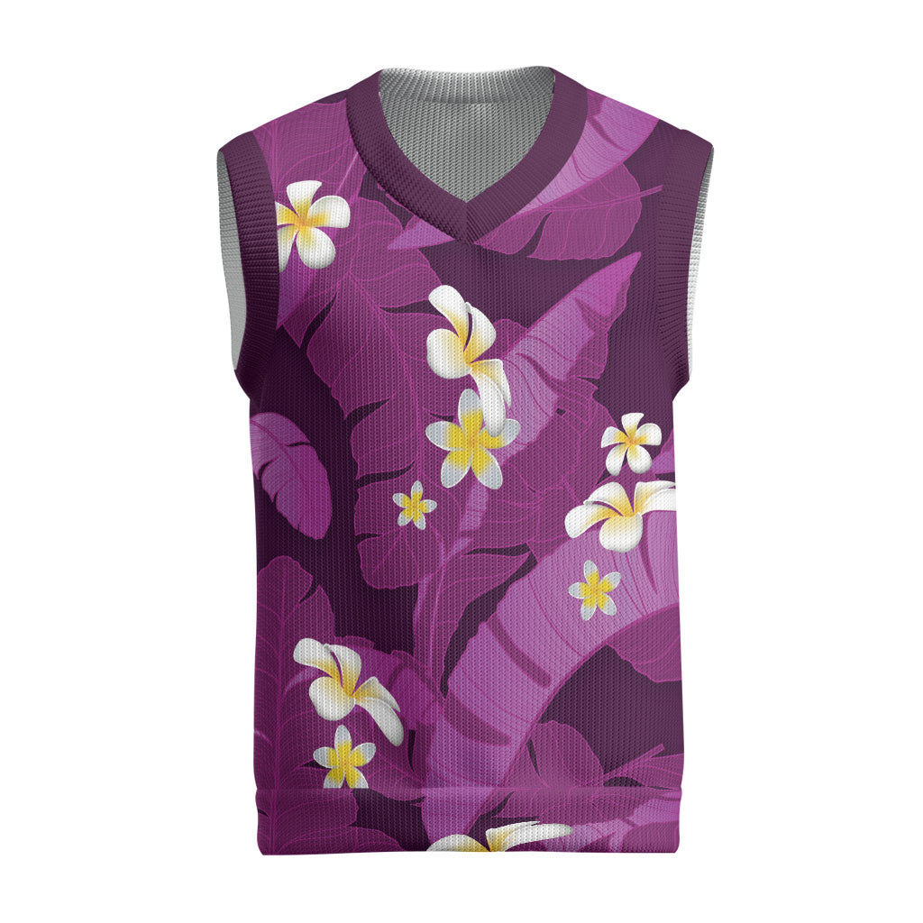 Purple Banana Leaf Hawaii Christmas Knitted V-Neck Vest Lau Maia Plumeria Tropical Summer Vibes