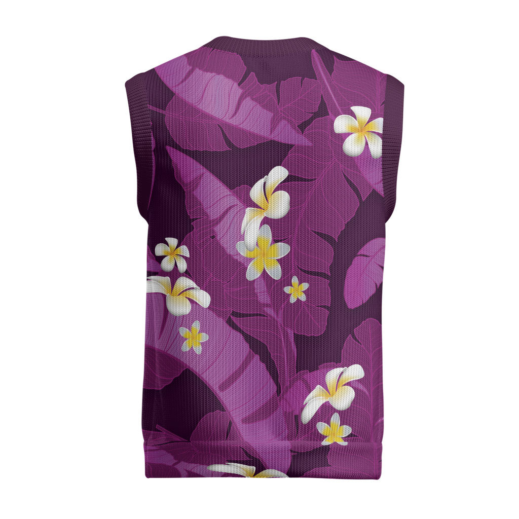 Purple Banana Leaf Hawaii Christmas Knitted V-Neck Vest Lau Maia Plumeria Tropical Summer Vibes