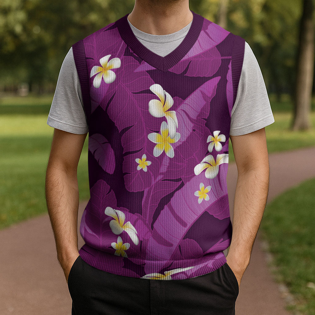 Purple Banana Leaf Hawaii Christmas Knitted V-Neck Vest Lau Maia Plumeria Tropical Summer Vibes
