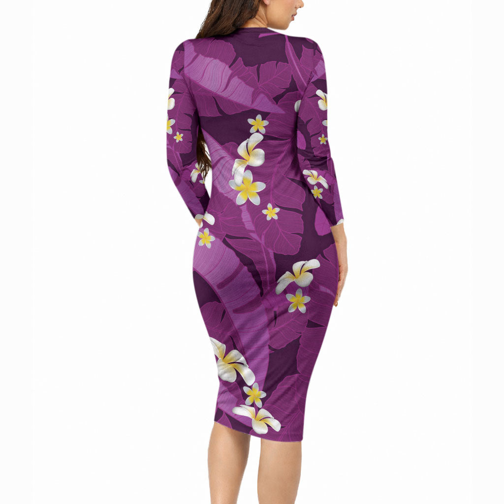 Purple Banana Leaf Hawaii Long Sleeve Bodycon Dress Lau Maia Plumeria Tropical Summer Vibes LT14 - Polynesian Pride