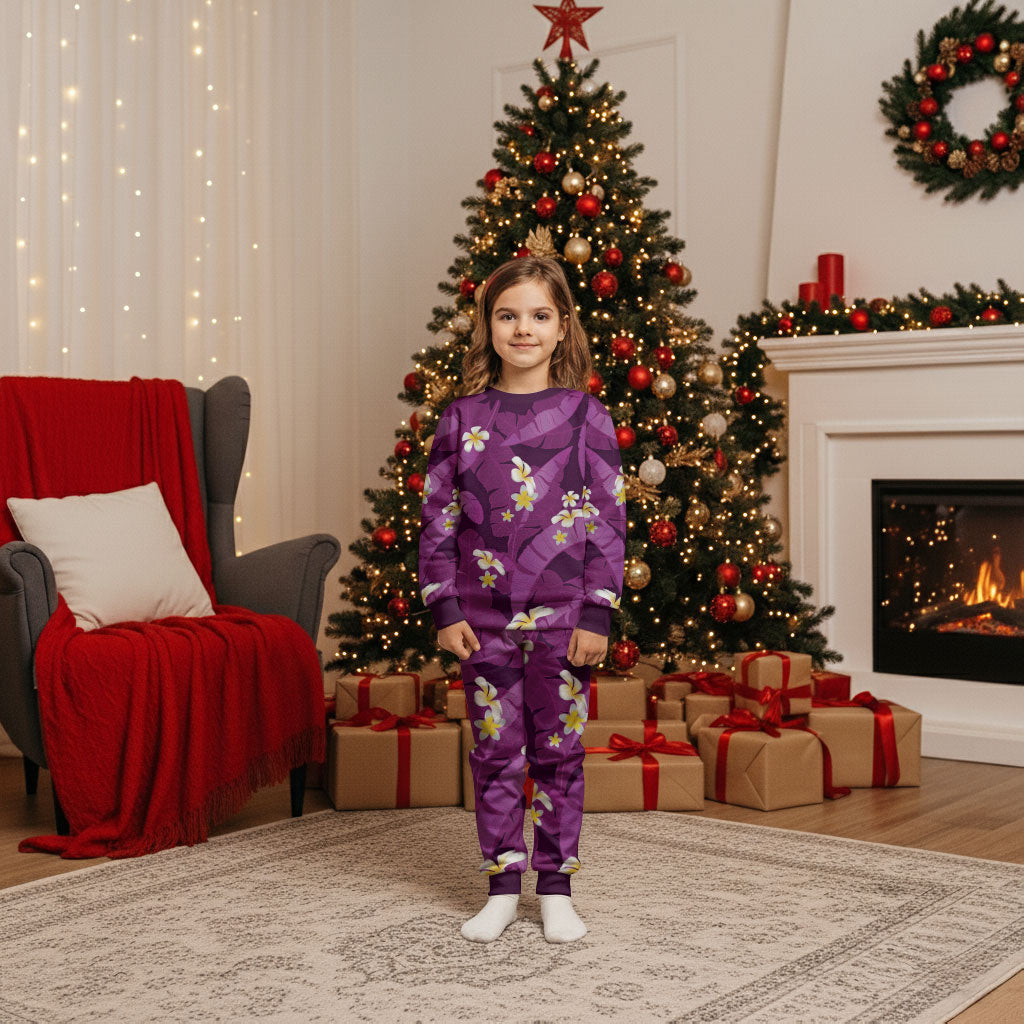 Purple Banana Leaf Hawaii Christmas Pajama Set Lau Maia Plumeria Tropical Summer Vibes