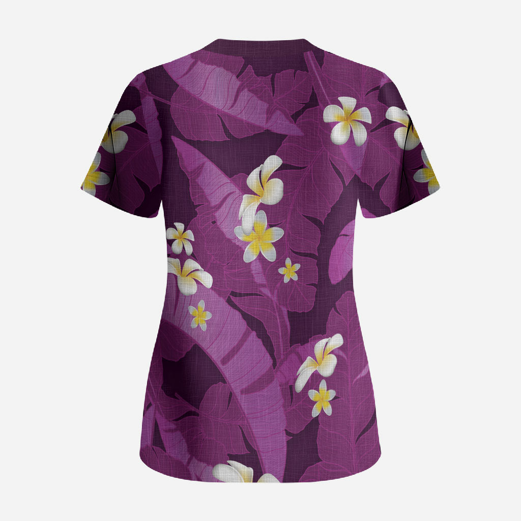Purple Banana Leaf Hawaii Scrub Top Lau Maia Plumeria Tropical Summer Vibes LT14 - Polynesian Pride