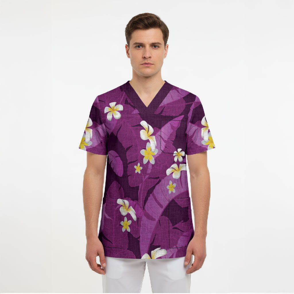 Purple Banana Leaf Hawaii Scrub Top Lau Maia Plumeria Tropical Summer Vibes LT14 - Polynesian Pride