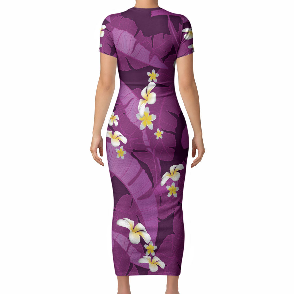 Purple Banana Leaf Hawaii Short Sleeve Bodycon Dress Lau Maia Plumeria Tropical Summer Vibes LT14 - Polynesian Pride