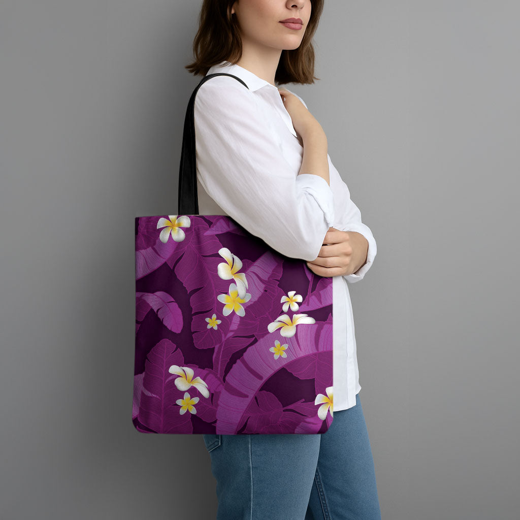 Purple Banana Leaf Hawaii Tote Bag Lau Maia Plumeria Tropical Summer Vibes LT14 - Polynesian Pride