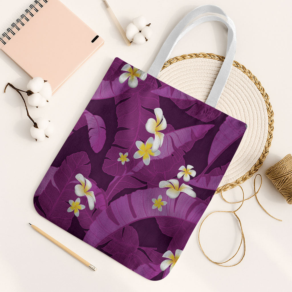 Purple Banana Leaf Hawaii Tote Bag Lau Maia Plumeria Tropical Summer Vibes LT14 White Strap One Size Purple - Polynesian Pride