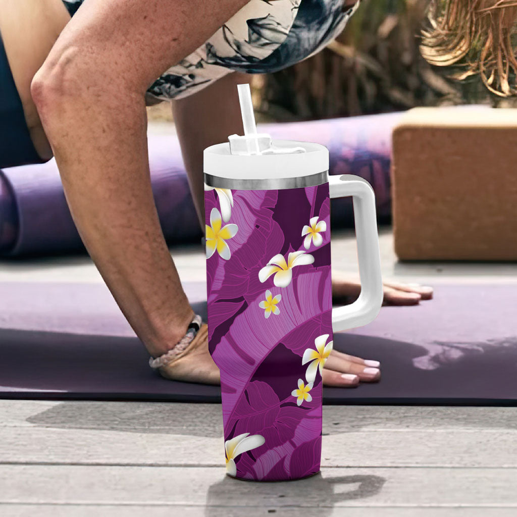 Purple Banana Leaf Hawaii Tumbler With Handle Lau Maia Plumeria Tropical Summer Vibes LT14 - Polynesian Pride