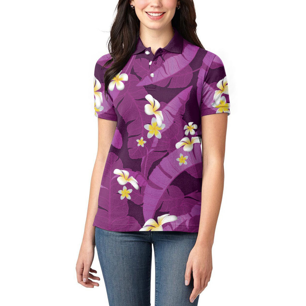 Purple Banana Leaf Hawaii Women Polo Shirt Lau Maia Plumeria Tropical Summer Vibes LT14 - Polynesian Pride