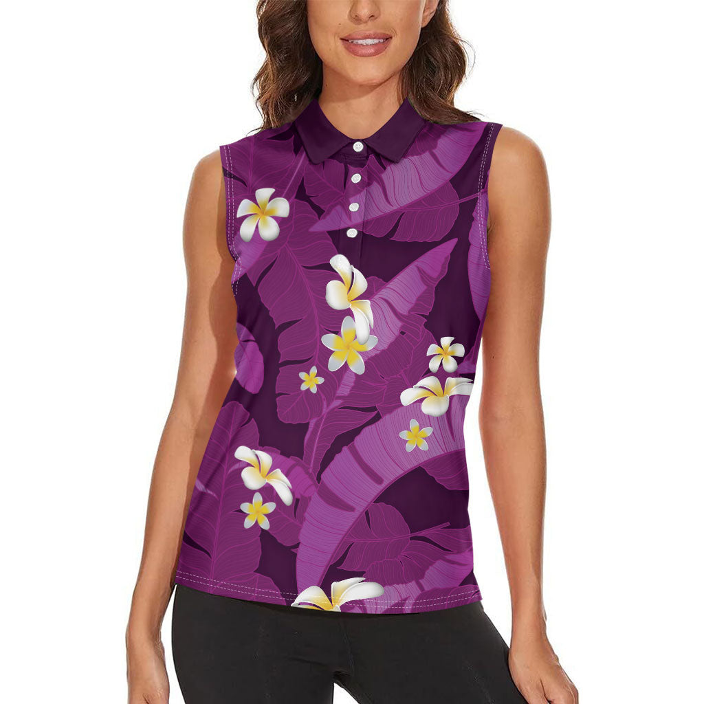 Purple Banana Leaf Hawaii Women Sleeveless Polo Shirt Lau Maia Plumeria Tropical Summer Vibes LT14 - Polynesian Pride