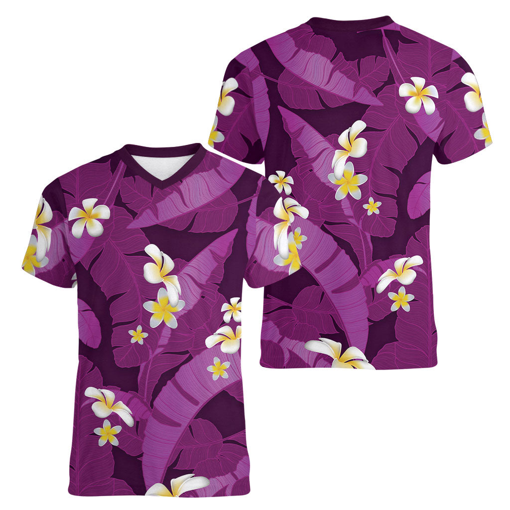 Purple Banana Leaf Hawaii Women V-Neck T-Shirt Lau Maia Plumeria Tropical Summer Vibes LT14 - Polynesian Pride