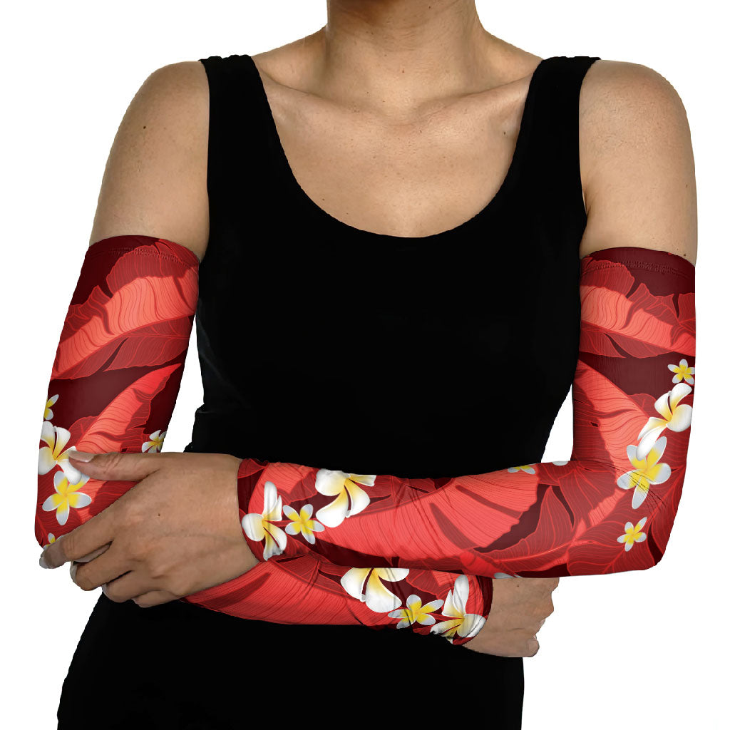 Red Banana Leaf Hawaii Arm Sleeves Lau Maia Plumeria Tropical Summer Vibes LT14 - Polynesian Pride