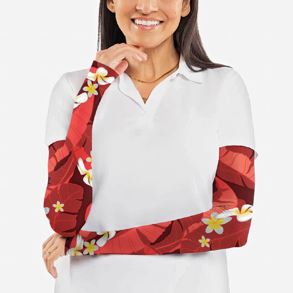 Red Banana Leaf Hawaii Arm Sleeves Lau Maia Plumeria Tropical Summer Vibes LT14 - Polynesian Pride