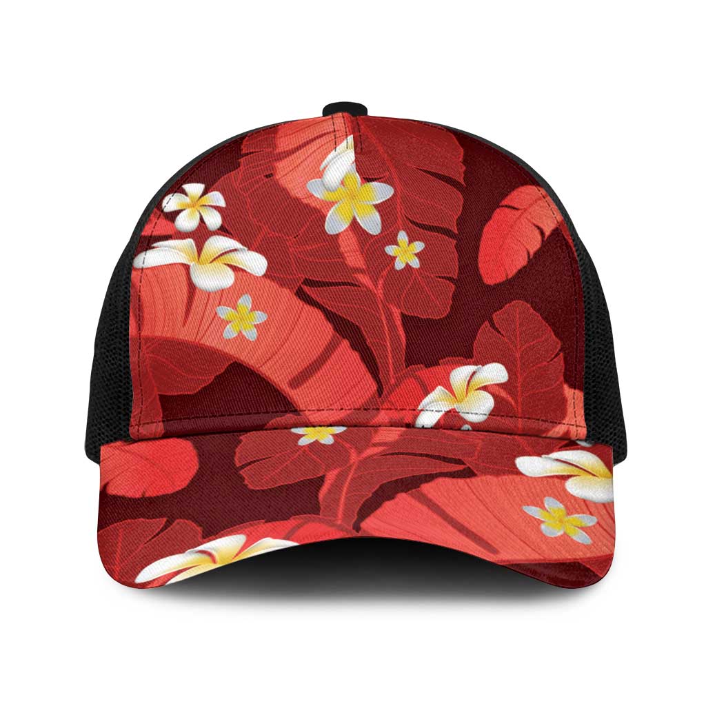 Red Banana Leaf Hawaii Baseball Net Cap Lau Maia Plumeria Tropical Summer Vibes LT14 One Size Black Red - Polynesian Pride