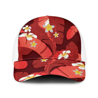 Red Banana Leaf Hawaii Baseball Net Cap Lau Maia Plumeria Tropical Summer Vibes LT14 One Size White Red - Polynesian Pride