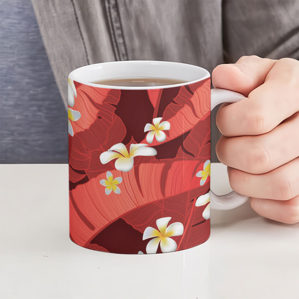 Red Banana Leaf Hawaii Ceramic Mug Lau Maia Plumeria Tropical Summer Vibes LT14 - Polynesian Pride