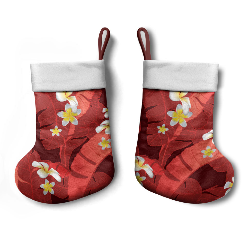 Red Banana Leaf Hawaii Christmas Stocking Lau Maia Plumeria Tropical Summer Vibes