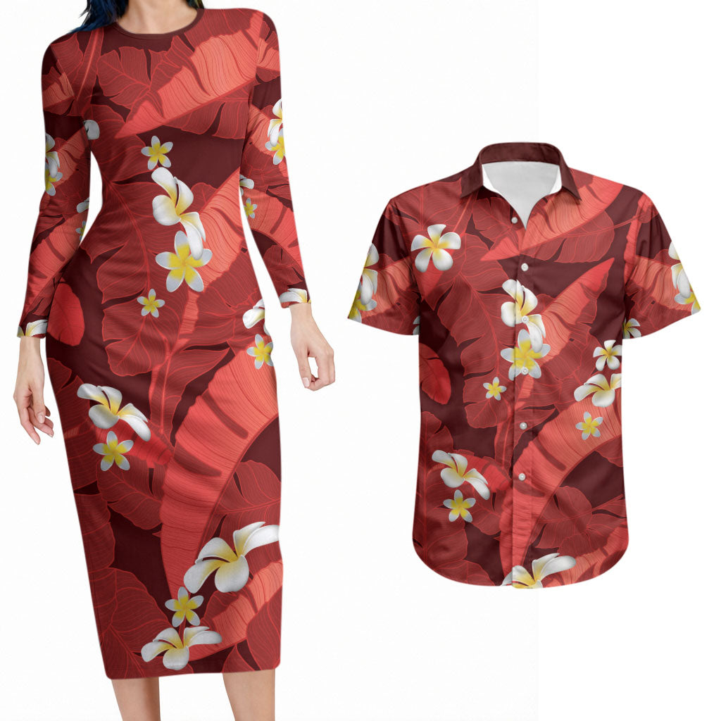 Red Banana Leaf Hawaii Couples Matching Long Sleeve Bodycon Dress and Hawaiian Shirt Lau Maia Plumeria Tropical Summer Vibes LT14 Red - Polynesian Pride