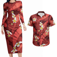 Red Banana Leaf Hawaii Couples Matching Long Sleeve Bodycon Dress and Hawaiian Shirt Lau Maia Plumeria Tropical Summer Vibes LT14 Red - Polynesian Pride
