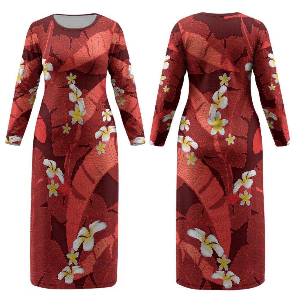 Red Banana Leaf Hawaii Couples Matching Long Sleeve Bodycon Dress and Hawaiian Shirt Lau Maia Plumeria Tropical Summer Vibes LT14 - Polynesian Pride