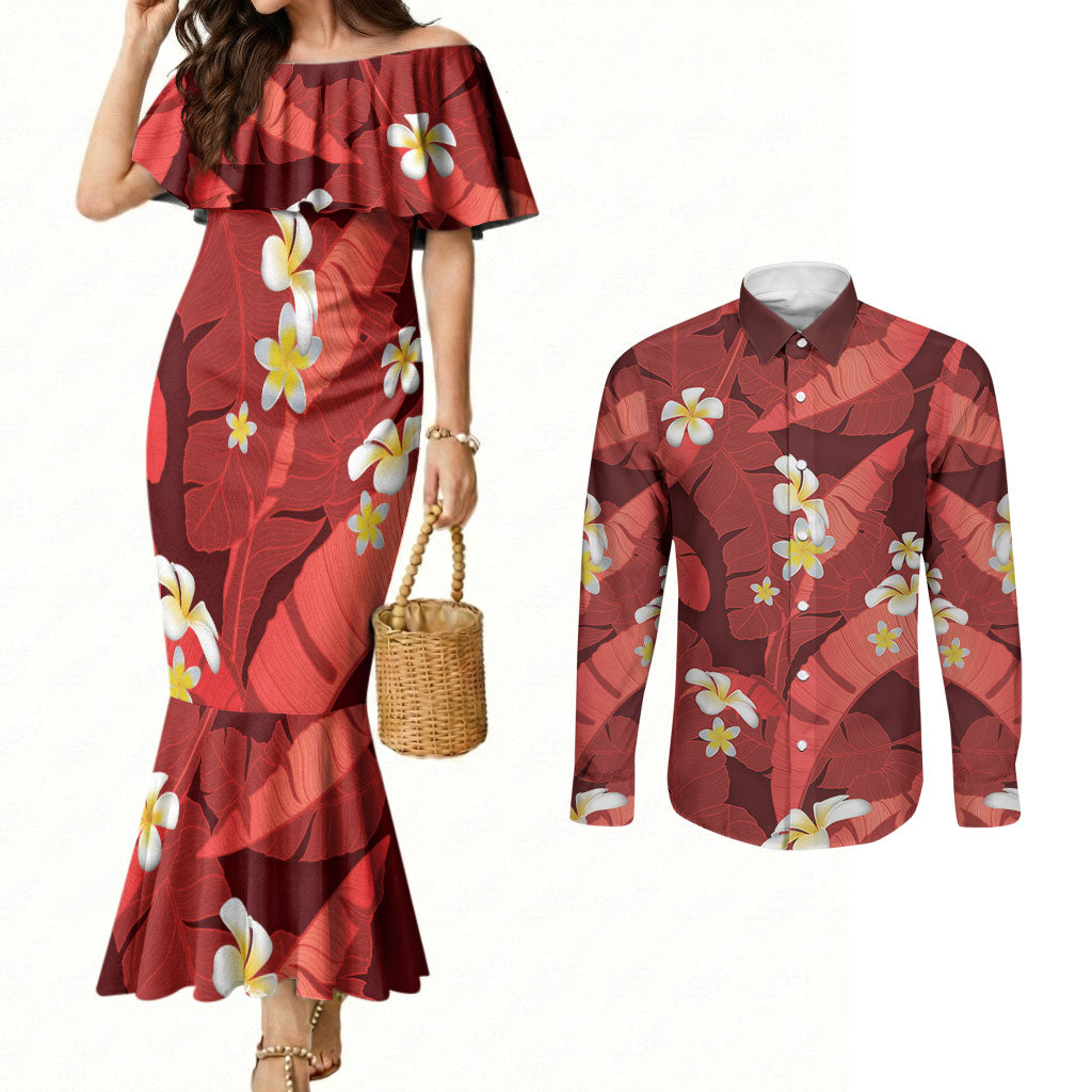 Red Banana Leaf Hawaii Couples Matching Mermaid Dress and Long Sleeve Button Shirt Lau Maia Plumeria Tropical Summer Vibes LT14 Red - Polynesian Pride
