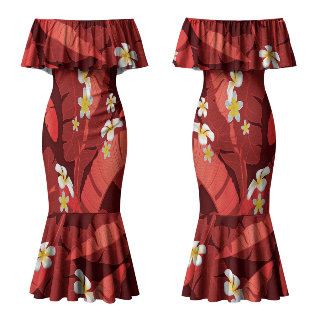 Red Banana Leaf Hawaii Couples Matching Mermaid Dress and Long Sleeve Button Shirt Lau Maia Plumeria Tropical Summer Vibes LT14 - Polynesian Pride
