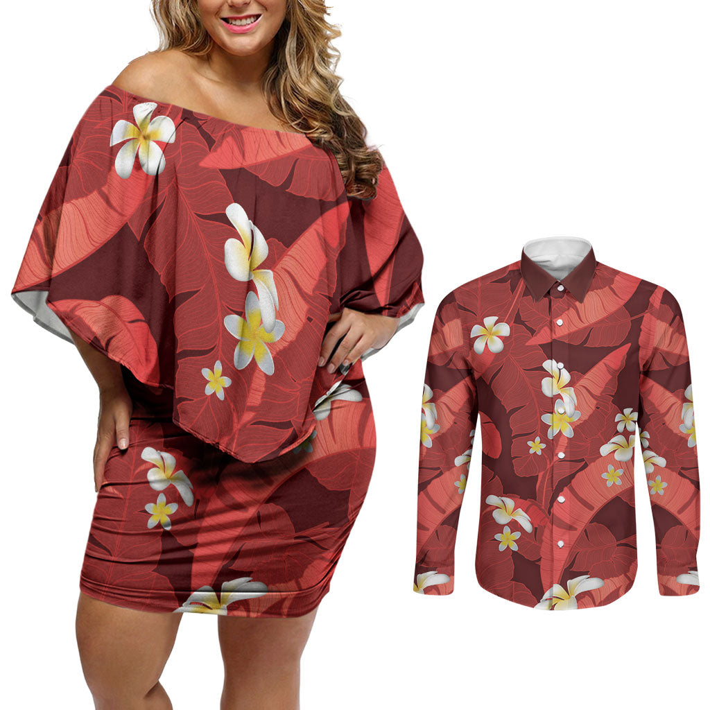Red Banana Leaf Hawaii Couples Matching Off Shoulder Short Dress and Long Sleeve Button Shirt Lau Maia Plumeria Tropical Summer Vibes LT14 Red - Polynesian Pride