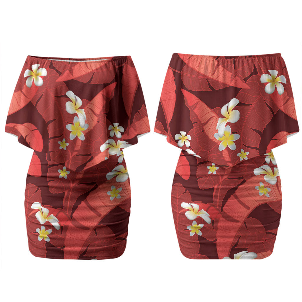 Red Banana Leaf Hawaii Couples Matching Off Shoulder Short Dress and Long Sleeve Button Shirt Lau Maia Plumeria Tropical Summer Vibes LT14 - Polynesian Pride
