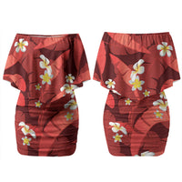 Red Banana Leaf Hawaii Couples Matching Off Shoulder Short Dress and Long Sleeve Button Shirt Lau Maia Plumeria Tropical Summer Vibes LT14 - Polynesian Pride
