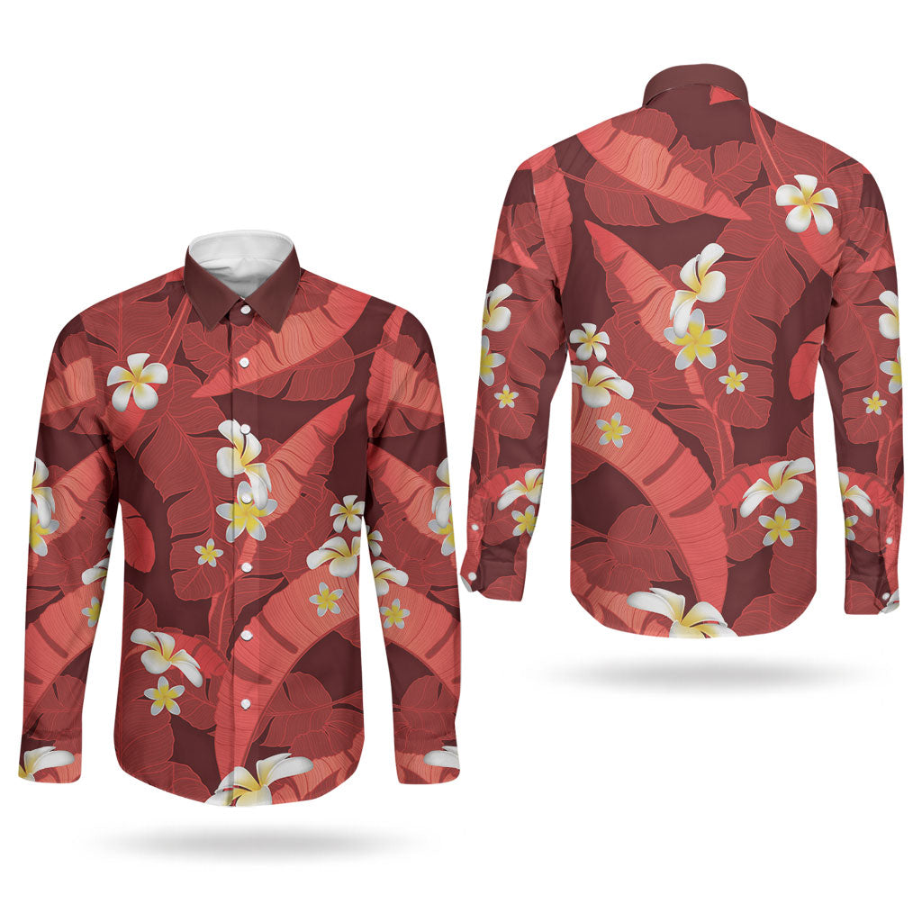 Red Banana Leaf Hawaii Couples Matching Off The Shoulder Long Sleeve Dress and Long Sleeve Button Shirt Lau Maia Plumeria Tropical Summer Vibes LT14 - Polynesian Pride