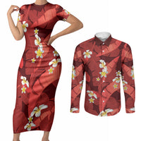 Red Banana Leaf Hawaii Couples Matching Short Sleeve Bodycon Dress and Long Sleeve Button Shirt Lau Maia Plumeria Tropical Summer Vibes LT14 Red - Polynesian Pride