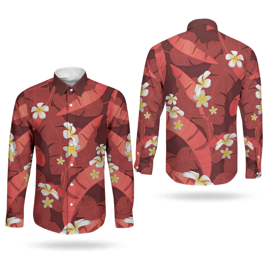 Red Banana Leaf Hawaii Couples Matching Short Sleeve Bodycon Dress and Long Sleeve Button Shirt Lau Maia Plumeria Tropical Summer Vibes LT14 - Polynesian Pride