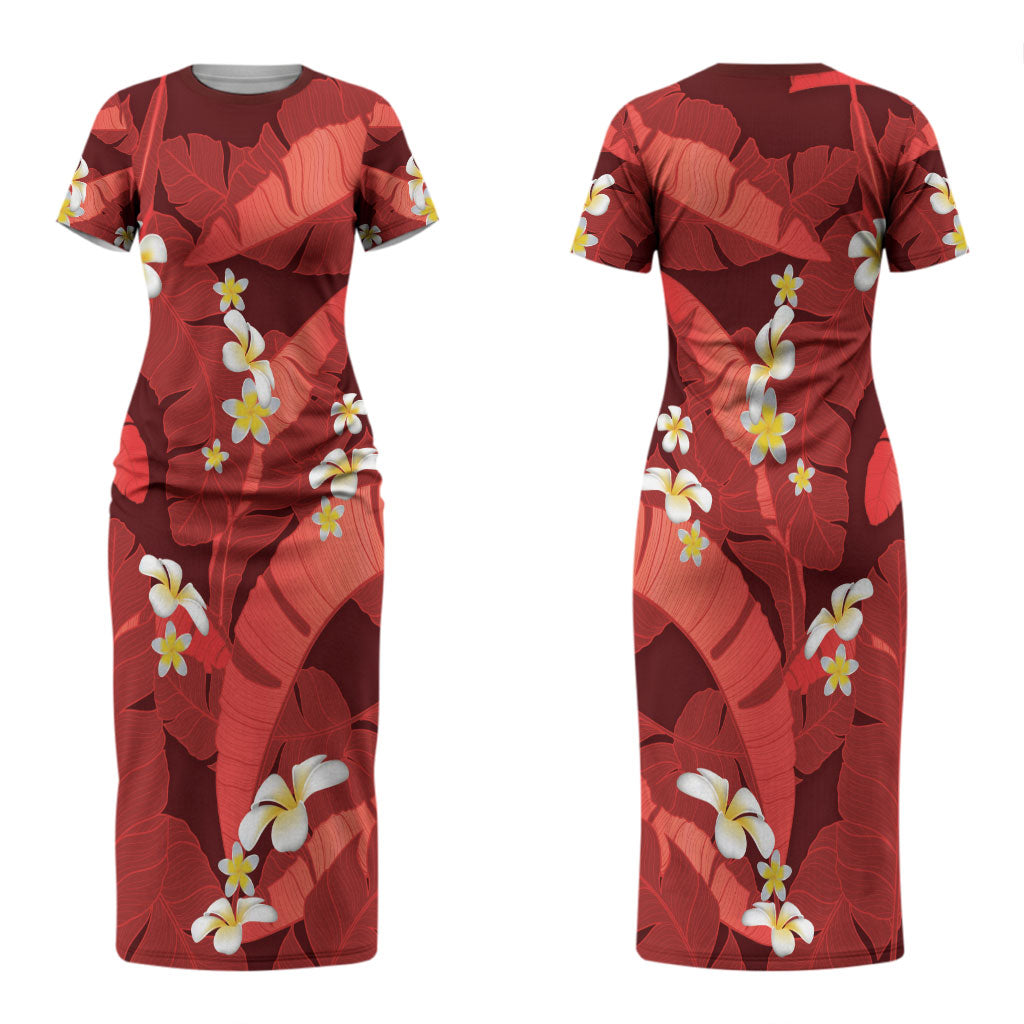 Red Banana Leaf Hawaii Couples Matching Short Sleeve Bodycon Dress and Long Sleeve Button Shirt Lau Maia Plumeria Tropical Summer Vibes LT14 - Polynesian Pride