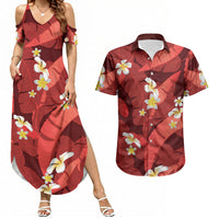 Red Banana Leaf Hawaii Couples Matching Summer Maxi Dress and Hawaiian Shirt Lau Maia Plumeria Tropical Summer Vibes LT14 Red - Polynesian Pride