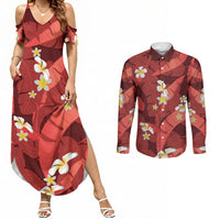 Red Banana Leaf Hawaii Couples Matching Summer Maxi Dress and Long Sleeve Button Shirt Lau Maia Plumeria Tropical Summer Vibes LT14 Red - Polynesian Pride