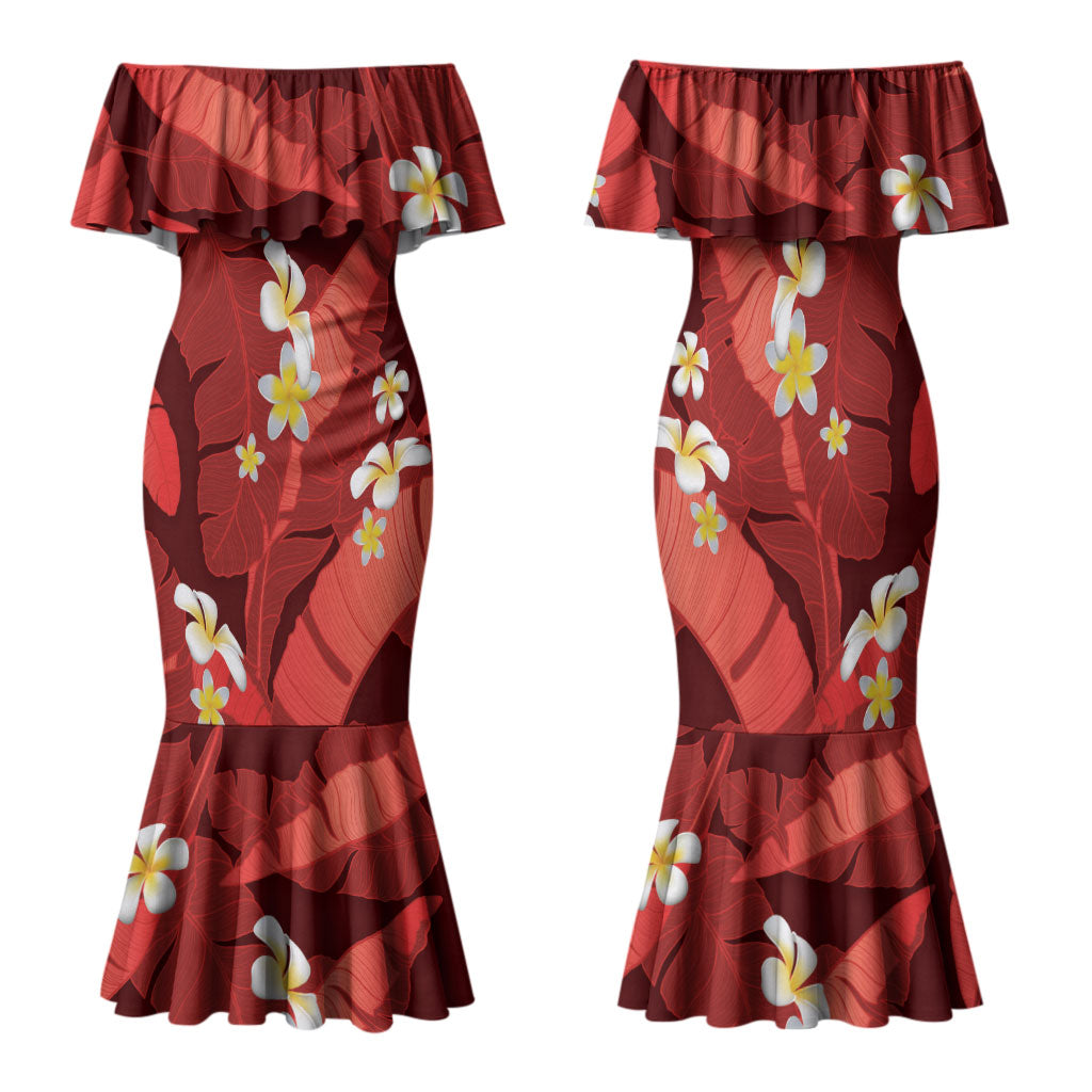 Red Banana Leaf Hawaii Family Matching Mermaid Dress and Hawaiian Shirt Lau Maia Plumeria Tropical Summer Vibes LT14 Mom's Dress Red - Polynesian Pride