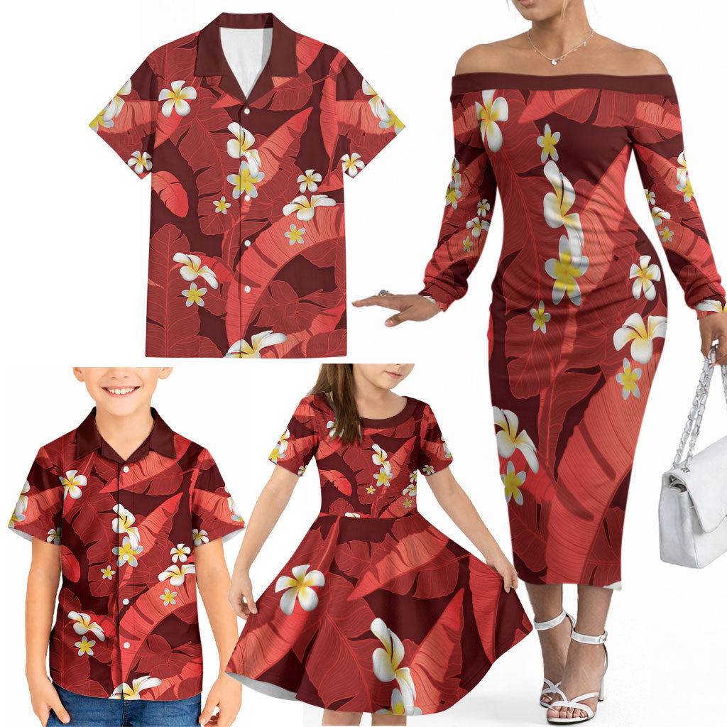Red Banana Leaf Hawaii Family Matching Off The Shoulder Long Sleeve Dress and Hawaiian Shirt Lau Maia Plumeria Tropical Summer Vibes LT14 - Polynesian Pride