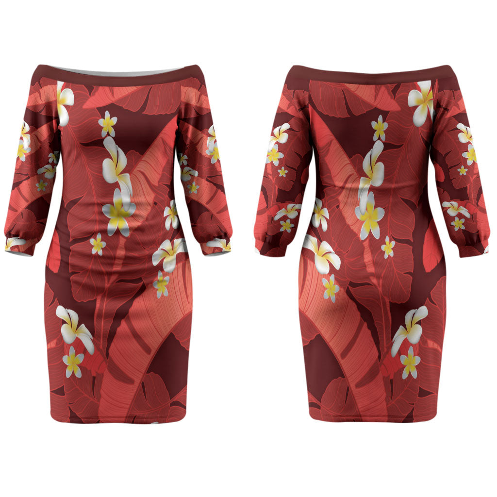 Red Banana Leaf Hawaii Family Matching Off The Shoulder Long Sleeve Dress and Hawaiian Shirt Lau Maia Plumeria Tropical Summer Vibes LT14 Mom's Dress Red - Polynesian Pride