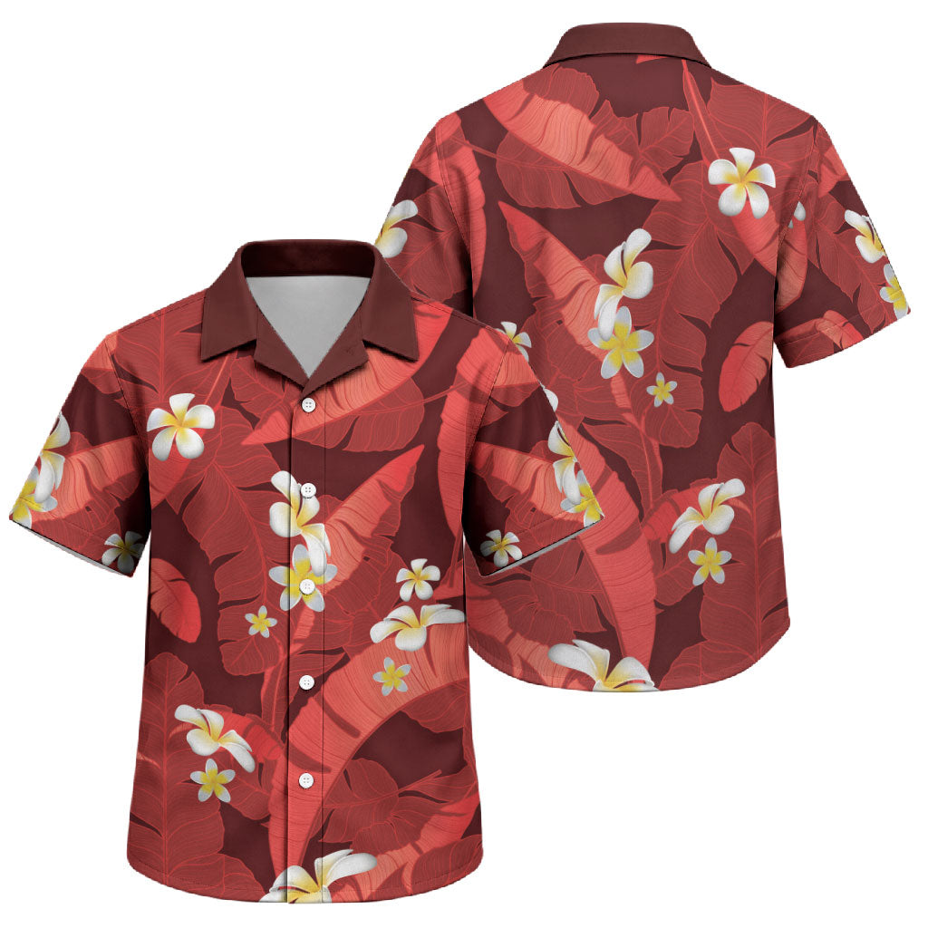 Red Banana Leaf Hawaii Family Matching Off The Shoulder Long Sleeve Dress and Hawaiian Shirt Lau Maia Plumeria Tropical Summer Vibes LT14 Son's Shirt Red - Polynesian Pride