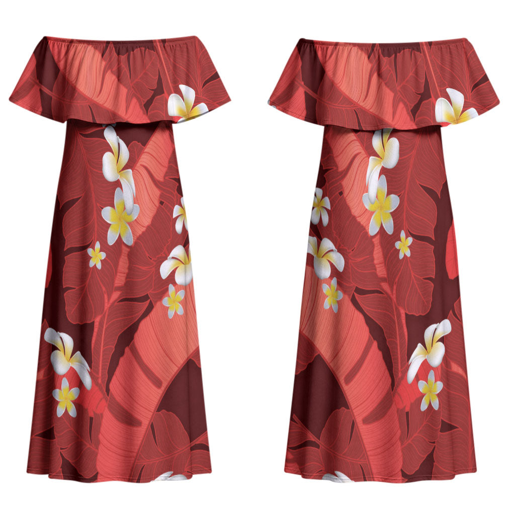 Red Banana Leaf Hawaii Family Matching Off Shoulder Maxi Dress and Hawaiian Shirt Lau Maia Plumeria Tropical Summer Vibes LT14 Mom's Dress Red - Polynesian Pride